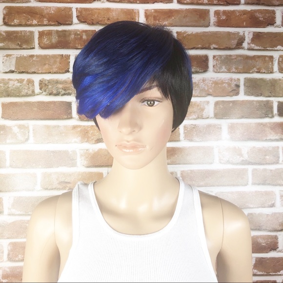 Synthetic Short 2 Toned Blue Black Women’s Wig - Picture 2 of 7